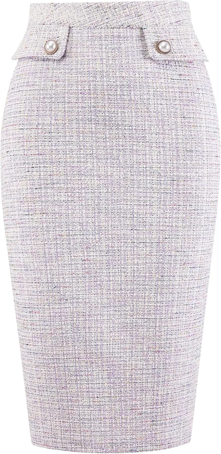Women's Tweed Skirt High Waist Elegant Work Office Midi Pencil Skirts
