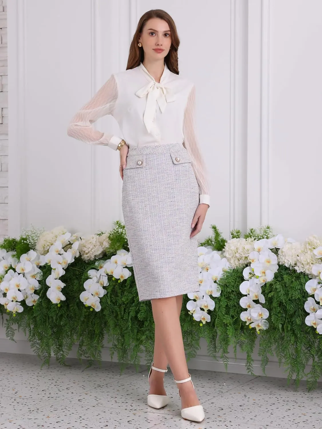 Women's Tweed Skirt High Waist Elegant Work Office Midi Pencil Skirts