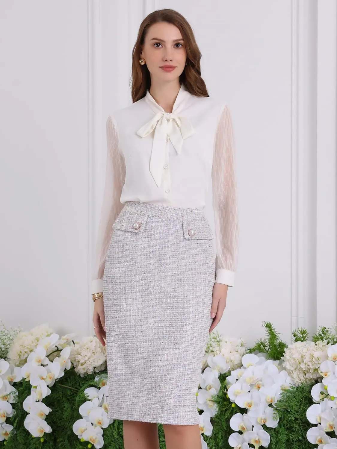 Women's Tweed Skirt High Waist Elegant Work Office Midi Pencil Skirts
