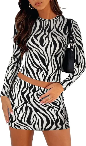 Women's Two Piece Skirt Sets - Long Sleeve Crop Tops and High Waisted Mini Y2K Bodycon Pencil Skorts Skirts with Shorts