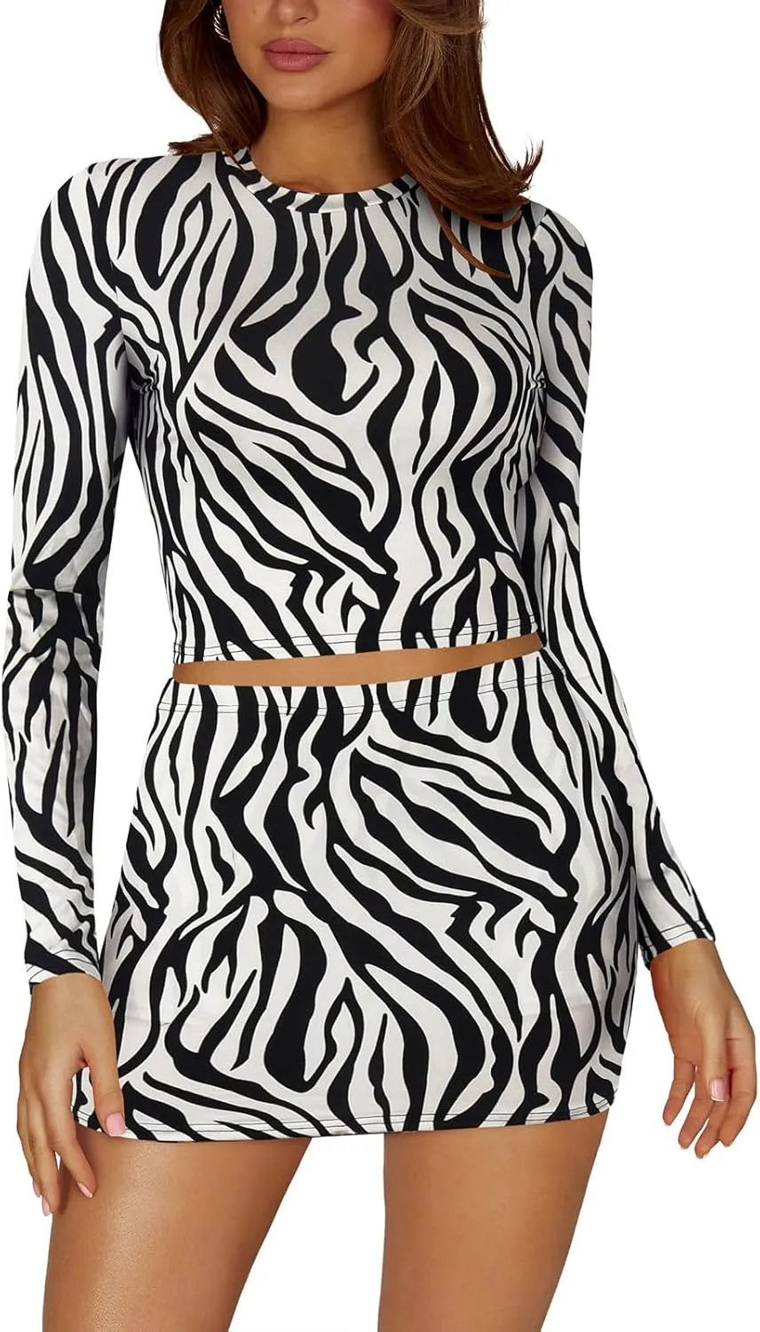 Women's Two Piece Skirt Sets - Long Sleeve Crop Tops and High Waisted Mini Y2K Bodycon Pencil Skorts Skirts with Shorts