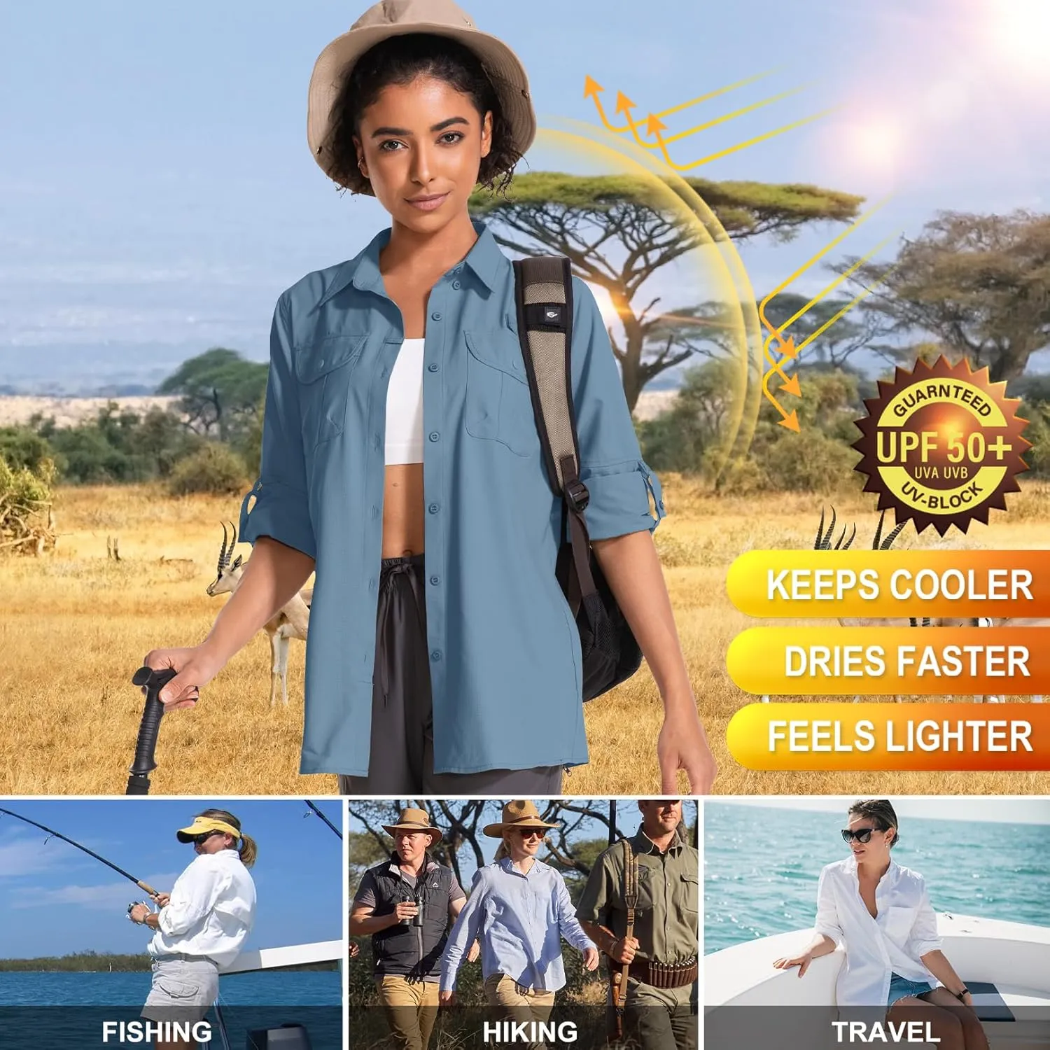 Women's UPF 50 Sun Protection Safari Clothes Long Sleeve Quick Dry Shirts for Hiking Beach Fishing Sailing