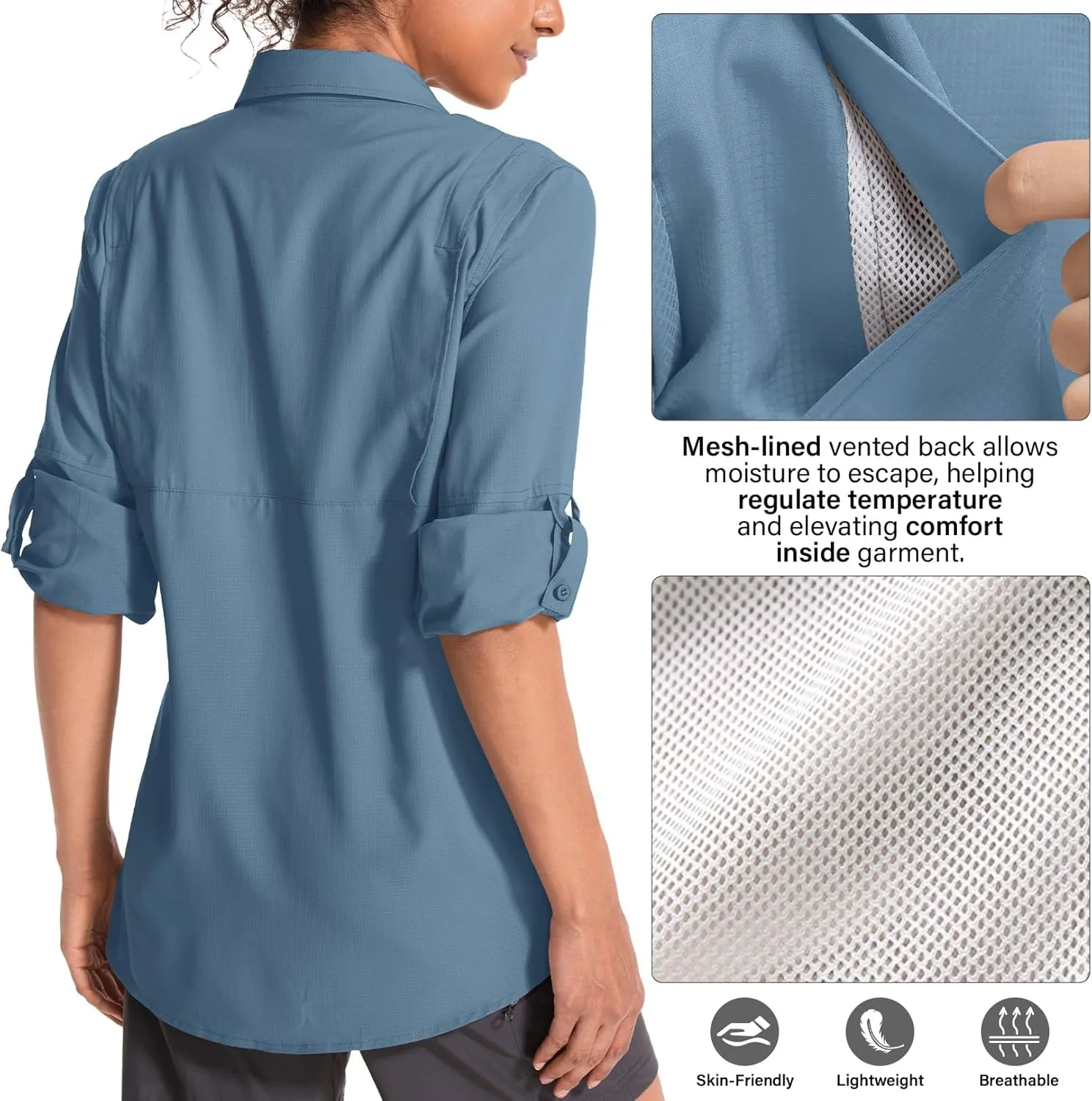 Women's UPF 50 Sun Protection Safari Clothes Long Sleeve Quick Dry Shirts for Hiking Beach Fishing Sailing