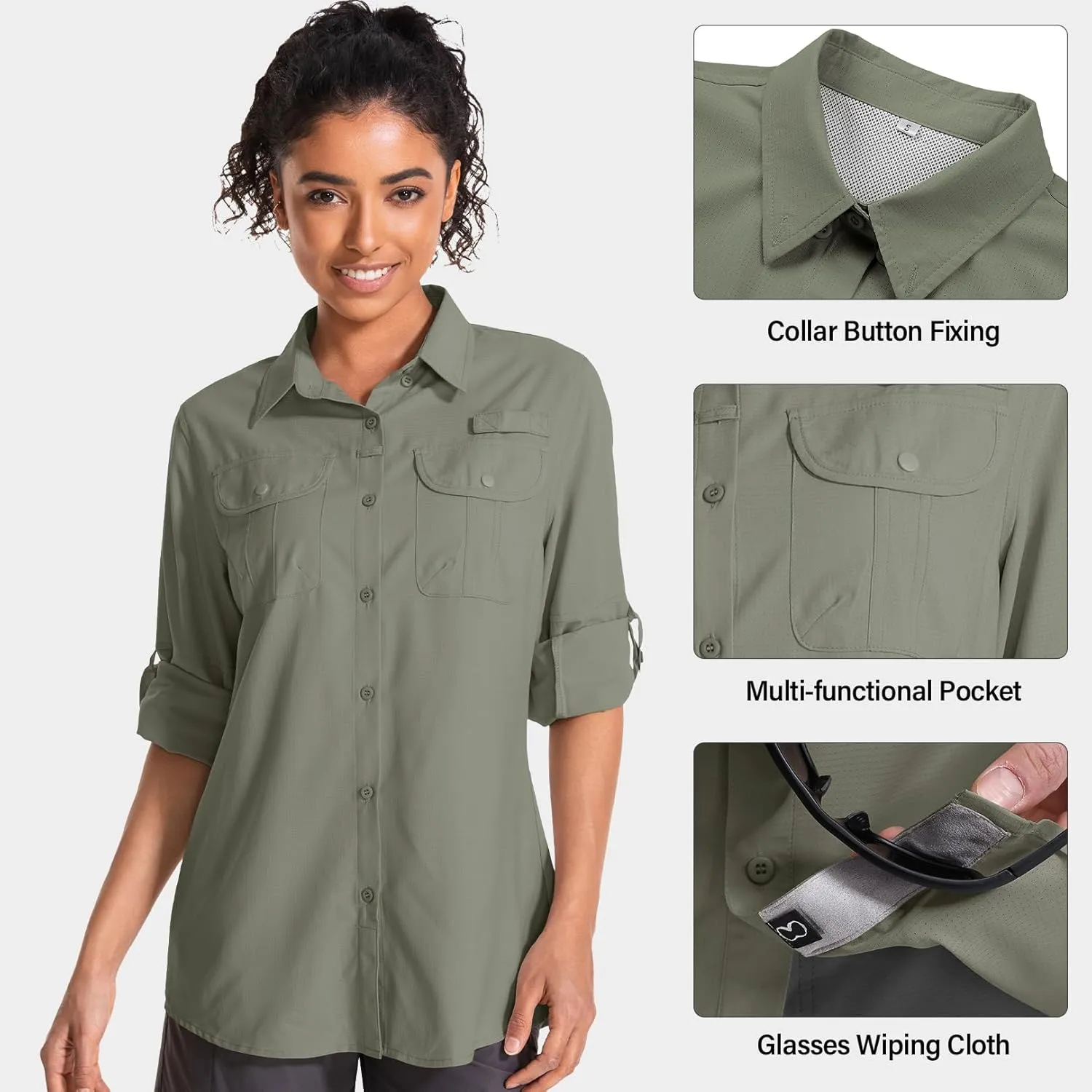 Women's UPF 50 Sun Protection Safari Clothes Long Sleeve Quick Dry Shirts for Hiking Beach Fishing Sailing