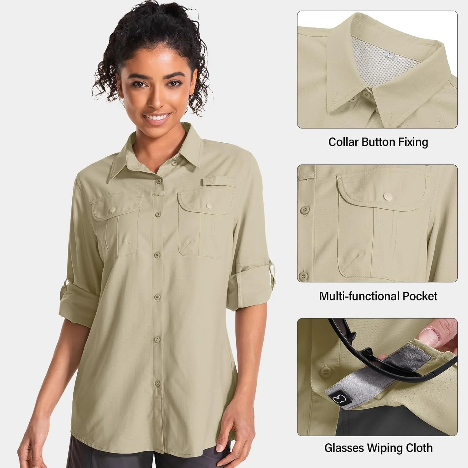 Women's UPF 50 Sun Protection Safari Clothes Long Sleeve Quick Dry Shirts for Hiking Beach Fishing Sailing