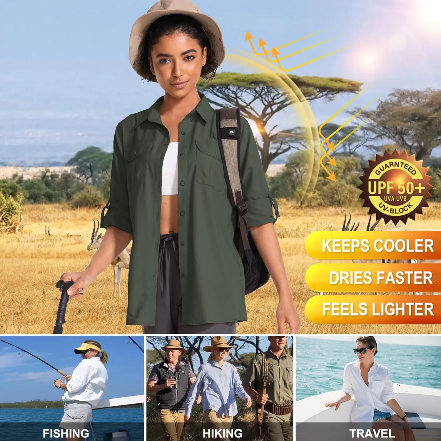 Women's UPF 50 Sun Protection Safari Clothes Long Sleeve Quick Dry Shirts for Hiking Beach Fishing Sailing