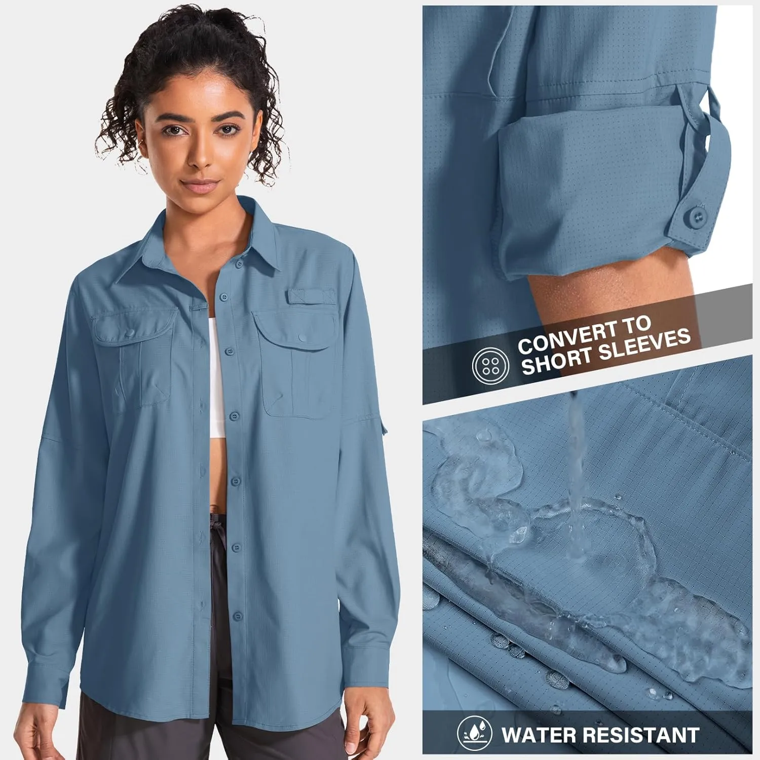 Women's UPF 50 Sun Protection Safari Clothes Long Sleeve Quick Dry Shirts for Hiking Beach Fishing Sailing
