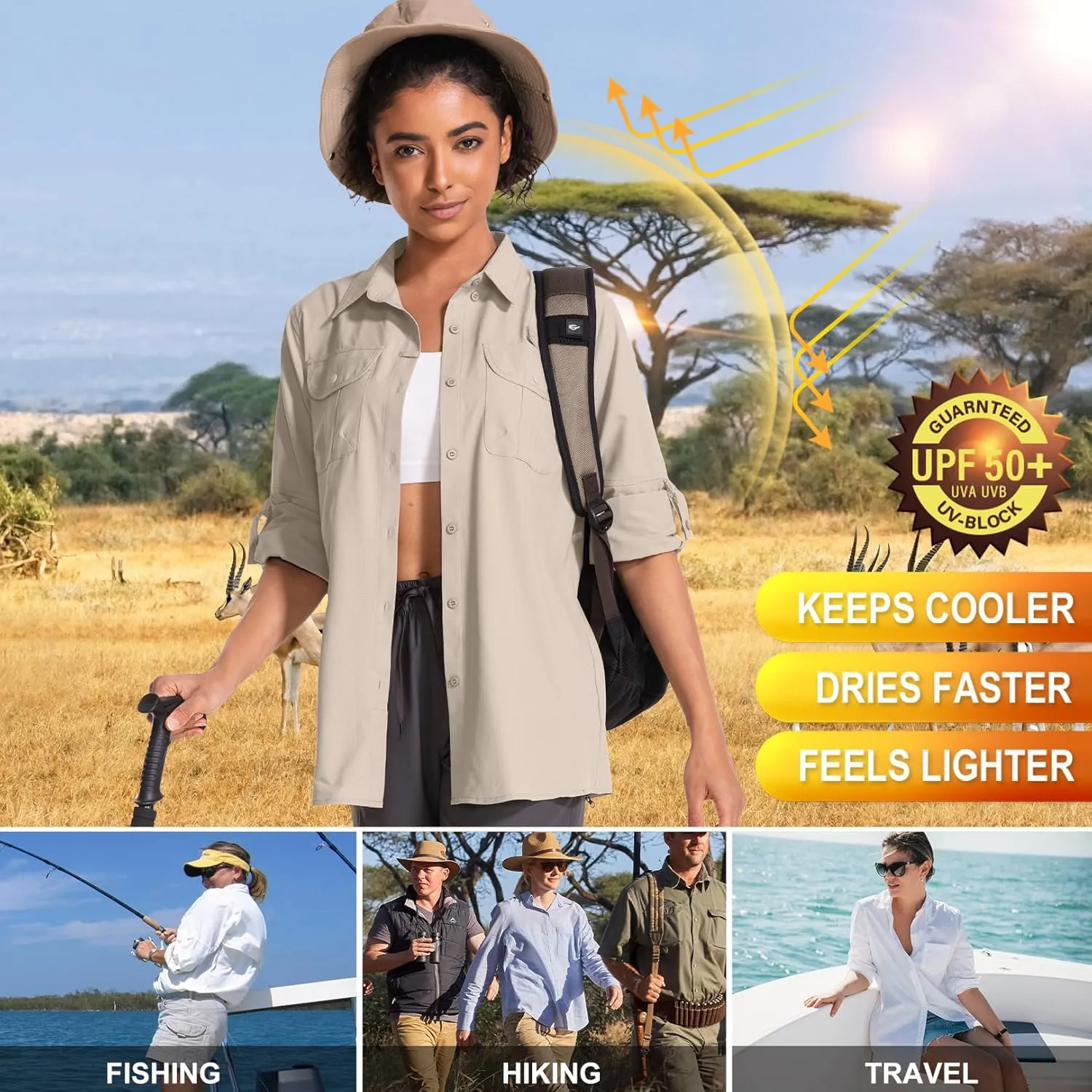 Women's UPF 50 Sun Protection Safari Clothes Long Sleeve Quick Dry Shirts for Hiking Beach Fishing Sailing