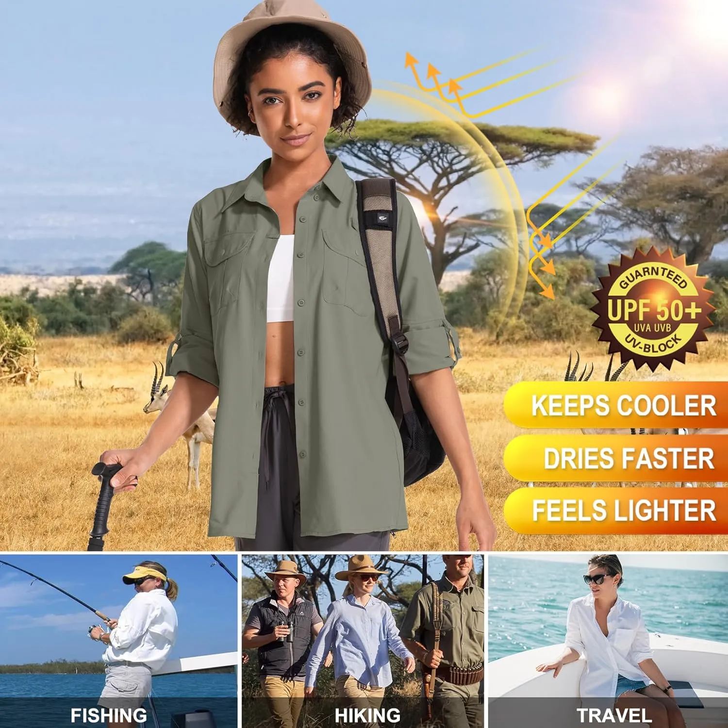 Women's UPF 50 Sun Protection Safari Clothes Long Sleeve Quick Dry Shirts for Hiking Beach Fishing Sailing