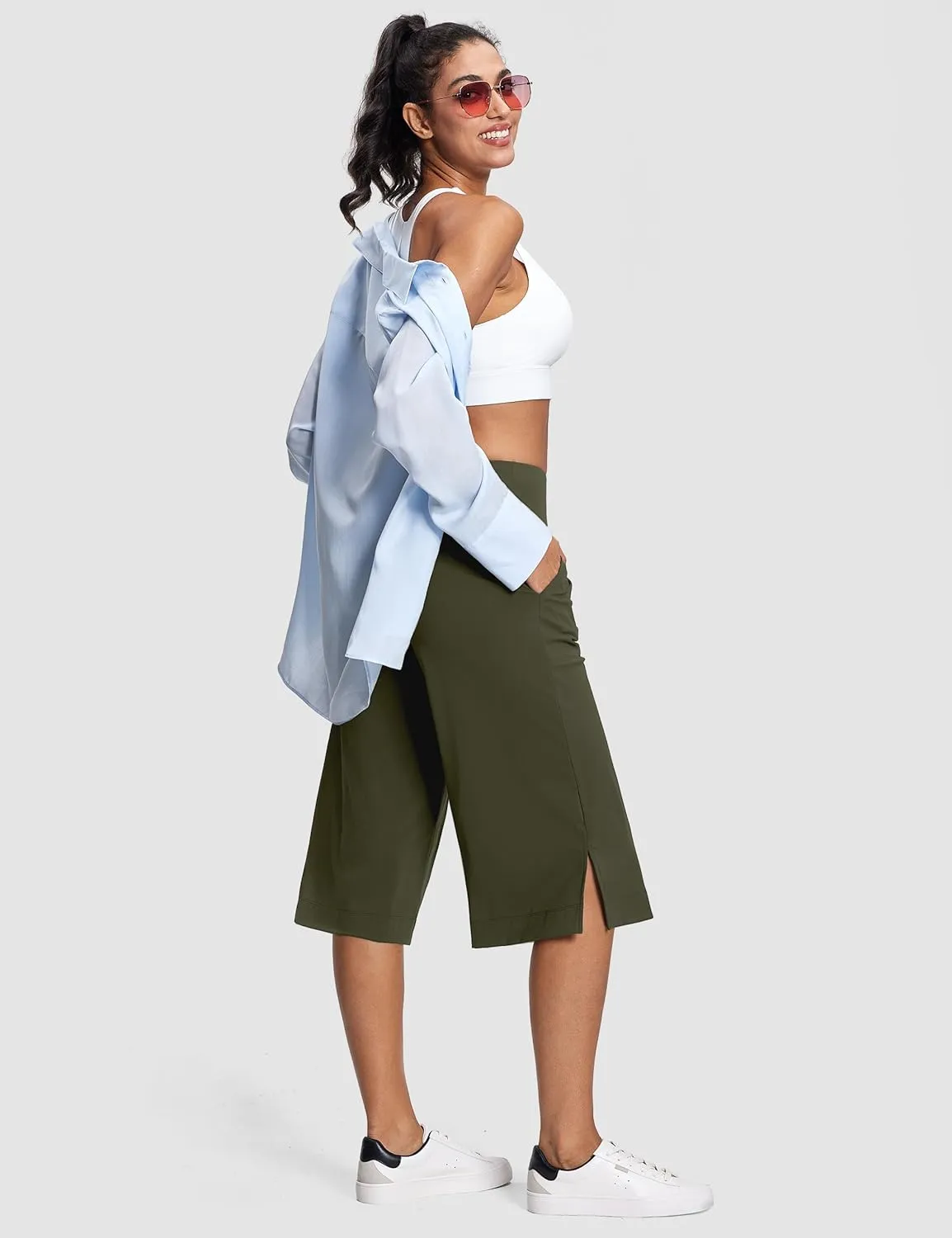 Women's Wide Leg Yoga Capris High Waist Loose Fit Dress Pants with Pockets Casual Lounge Capri Pants for Women