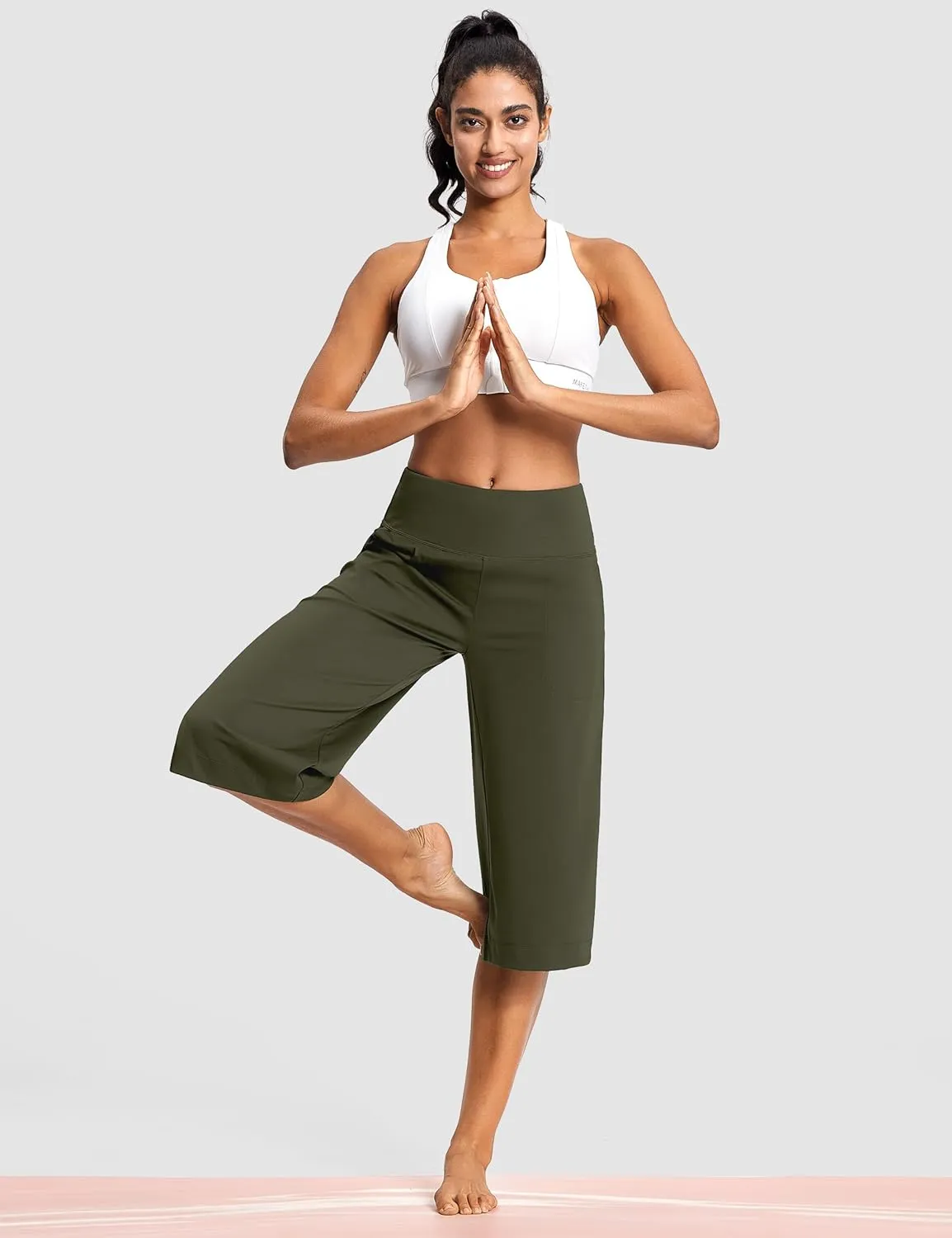 Women's Wide Leg Yoga Capris High Waist Loose Fit Dress Pants with Pockets Casual Lounge Capri Pants for Women