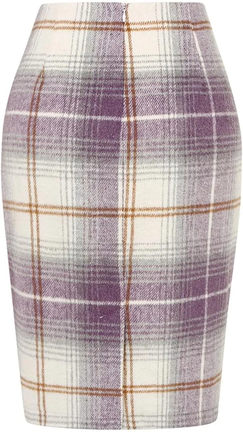 Women's Wool Midi Plaid Pencil Skirts High Waist Slit Tight Knee Length Casual Midi Skirt