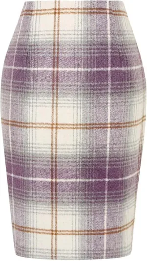 Women's Wool Midi Plaid Pencil Skirts High Waist Slit Tight Knee Length Casual Midi Skirt