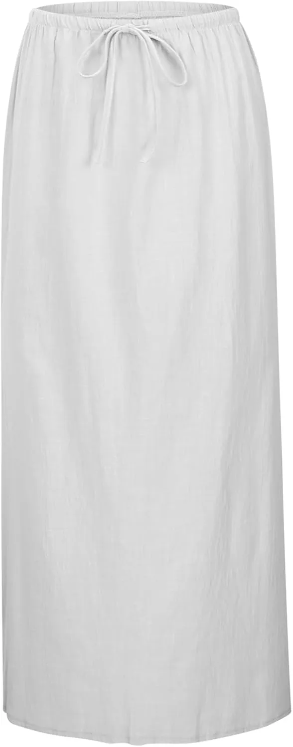 Womens Wrap Around Linen Skirt A-Line Cut Elastic Waistband Ankle-Length Lightweight Summer Skirts for Beach Vacation