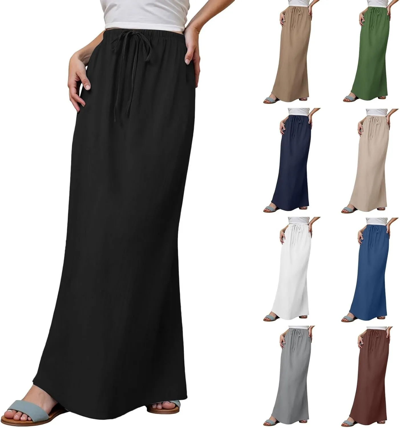 Womens Wrap Around Linen Skirt A-Line Cut Elastic Waistband Ankle-Length Lightweight Summer Skirts for Beach Vacation