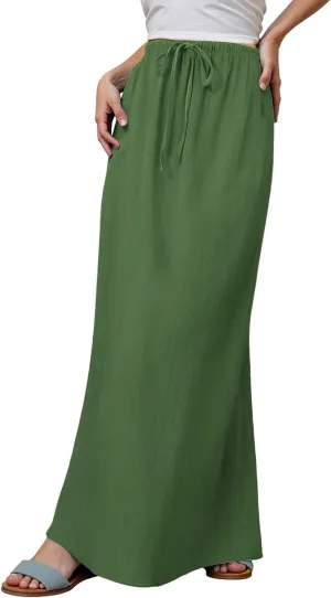 Womens Wrap Around Linen Skirt A-Line Cut Elastic Waistband Ankle-Length Lightweight Summer Skirts for Beach Vacation