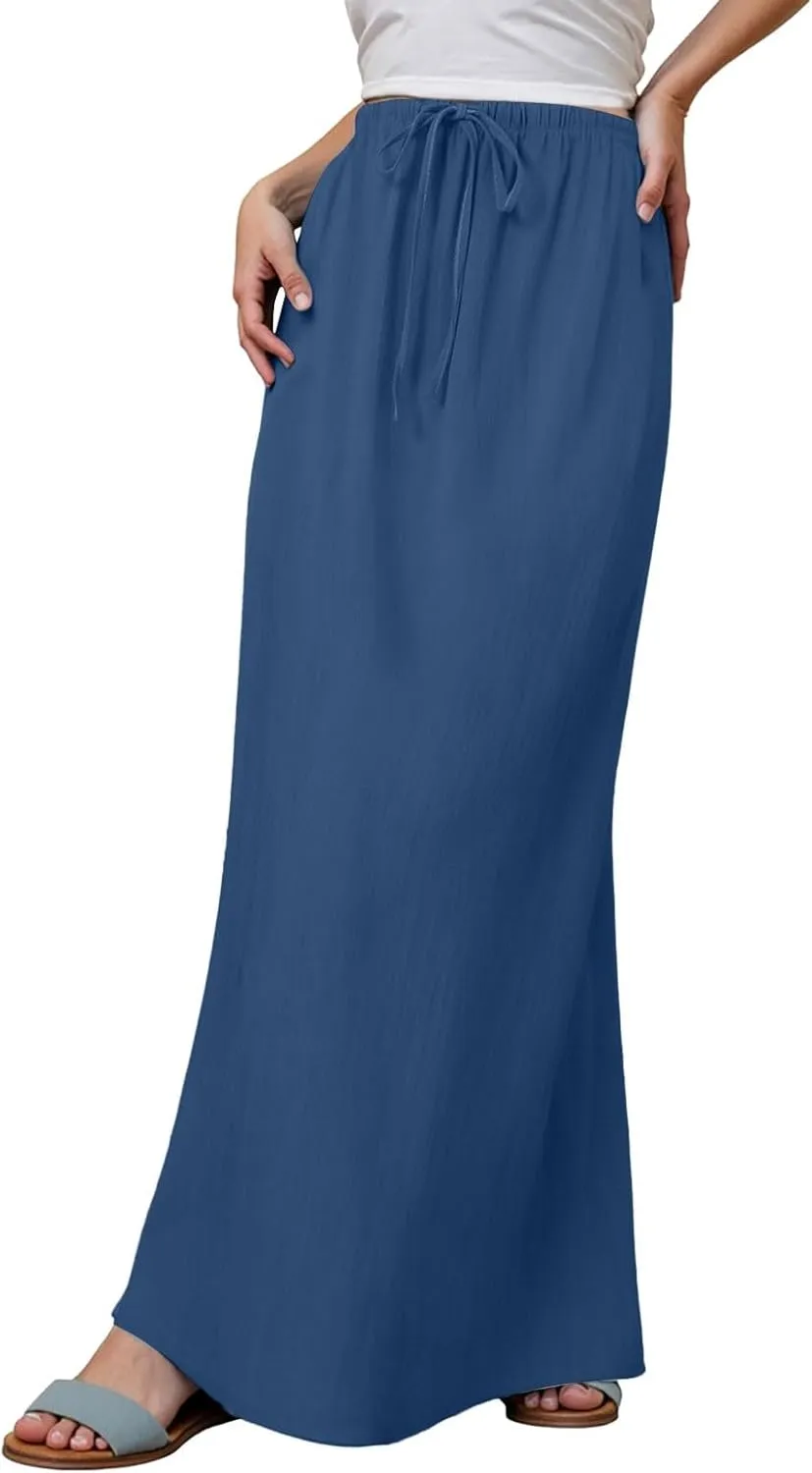 Womens Wrap Around Linen Skirt A-Line Cut Elastic Waistband Ankle-Length Lightweight Summer Skirts for Beach Vacation