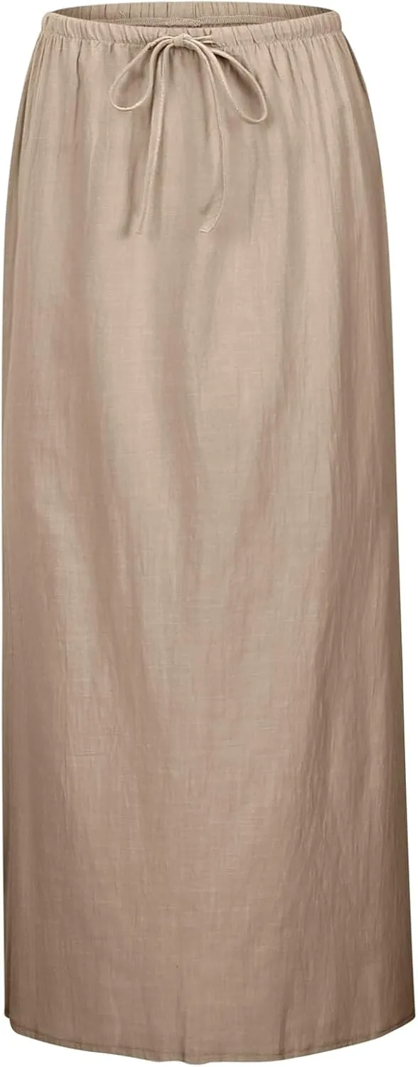 Womens Wrap Around Linen Skirt A-Line Cut Elastic Waistband Ankle-Length Lightweight Summer Skirts for Beach Vacation