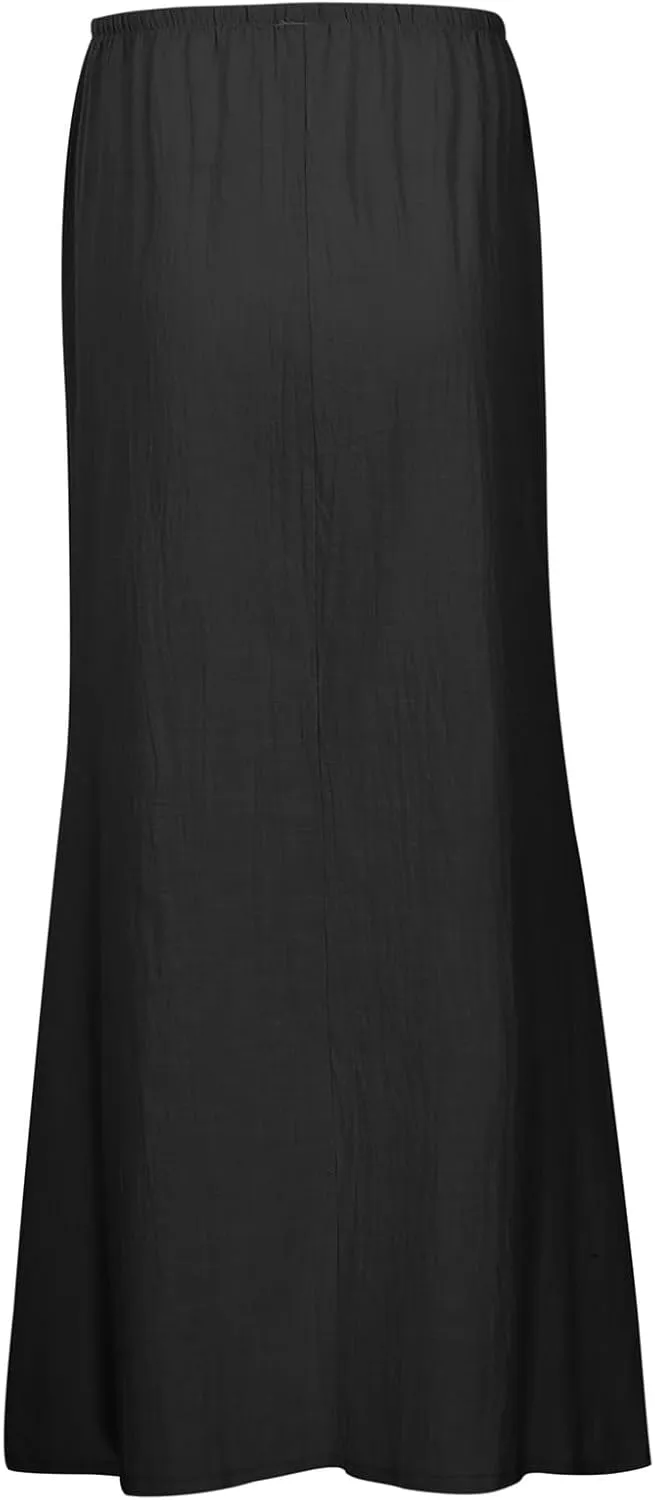 Womens Wrap Around Linen Skirt A-Line Cut Elastic Waistband Ankle-Length Lightweight Summer Skirts for Beach Vacation