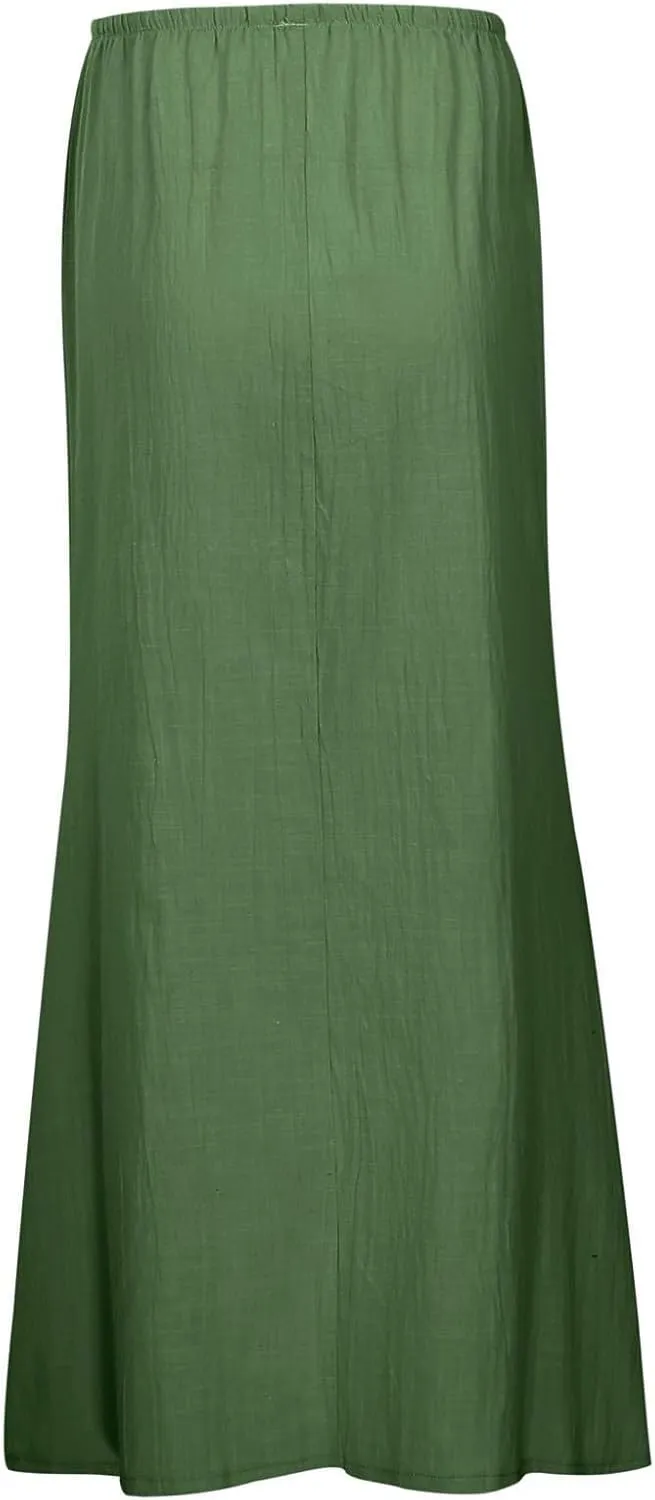 Womens Wrap Around Linen Skirt A-Line Cut Elastic Waistband Ankle-Length Lightweight Summer Skirts for Beach Vacation
