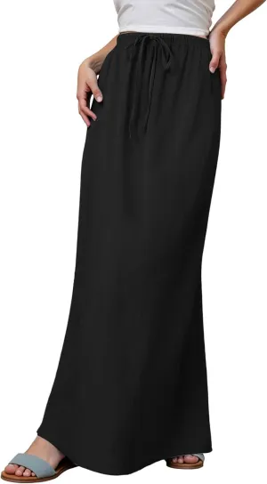 Womens Wrap Around Linen Skirt A-Line Cut Elastic Waistband Ankle-Length Lightweight Summer Skirts for Beach Vacation