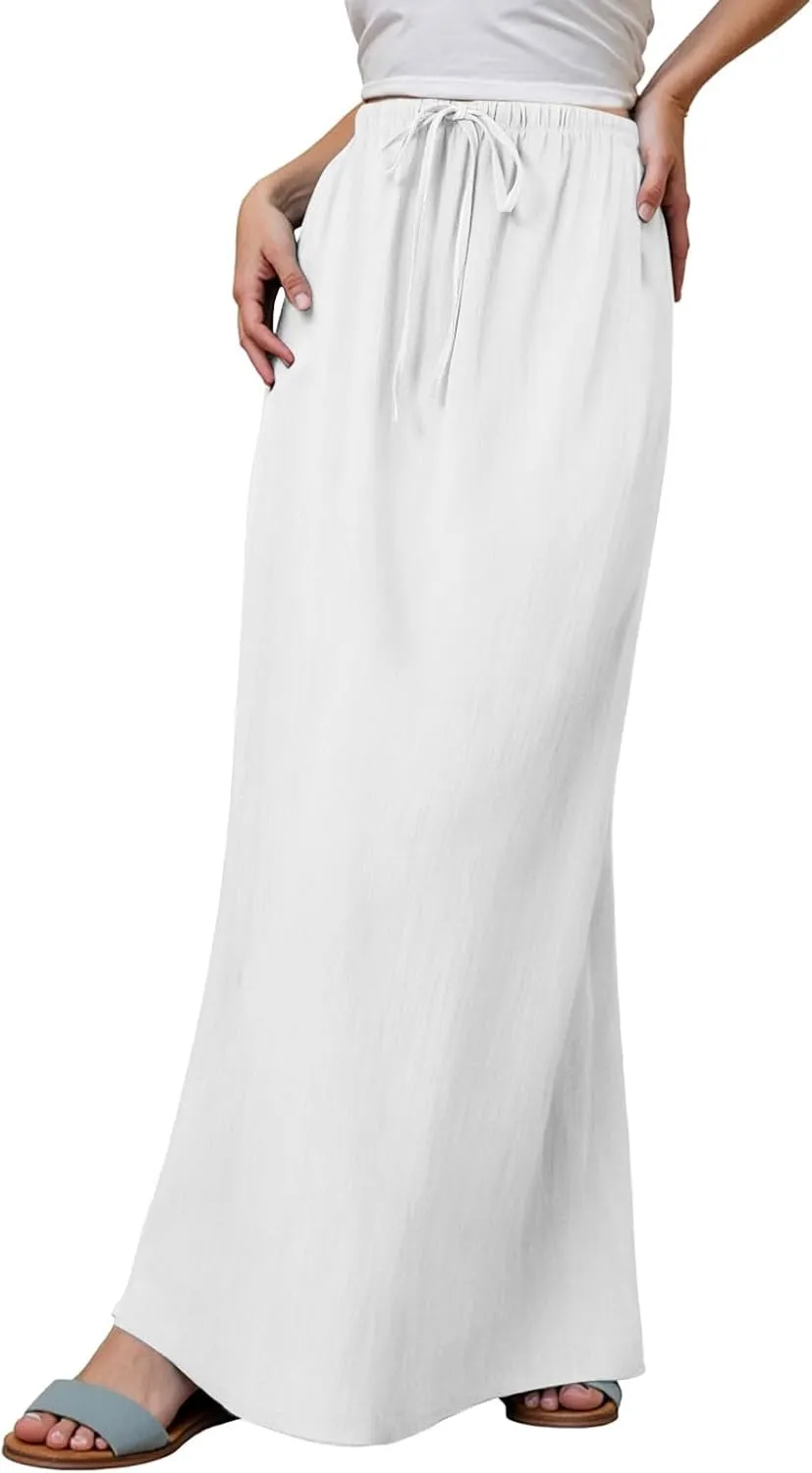 Womens Wrap Around Linen Skirt A-Line Cut Elastic Waistband Ankle-Length Lightweight Summer Skirts for Beach Vacation