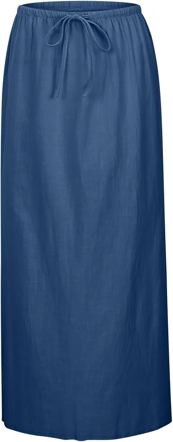 Womens Wrap Around Linen Skirt A-Line Cut Elastic Waistband Ankle-Length Lightweight Summer Skirts for Beach Vacation