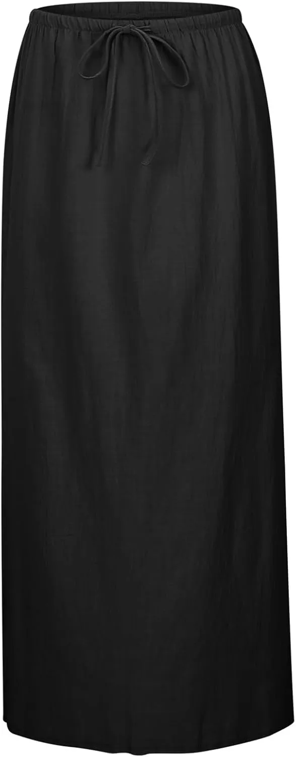 Womens Wrap Around Linen Skirt A-Line Cut Elastic Waistband Ankle-Length Lightweight Summer Skirts for Beach Vacation