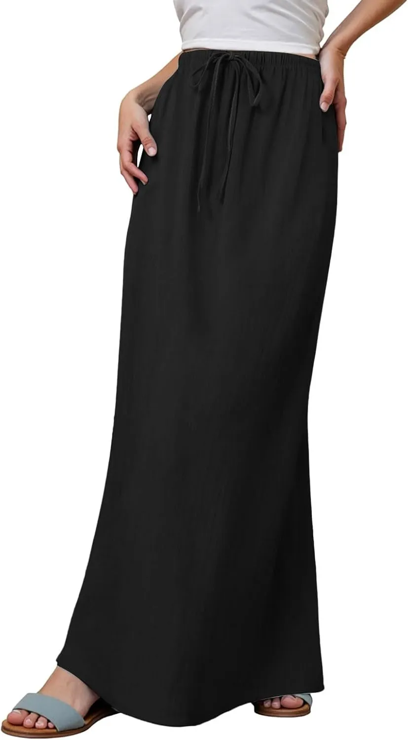 Womens Wrap Around Linen Skirt A-Line Cut Elastic Waistband Ankle-Length Lightweight Summer Skirts for Beach Vacation