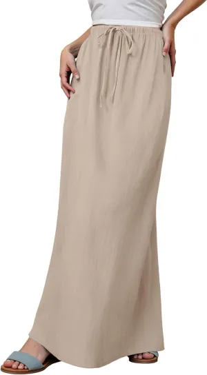 Womens Wrap Around Linen Skirt A-Line Cut Elastic Waistband Ankle-Length Lightweight Summer Skirts for Beach Vacation