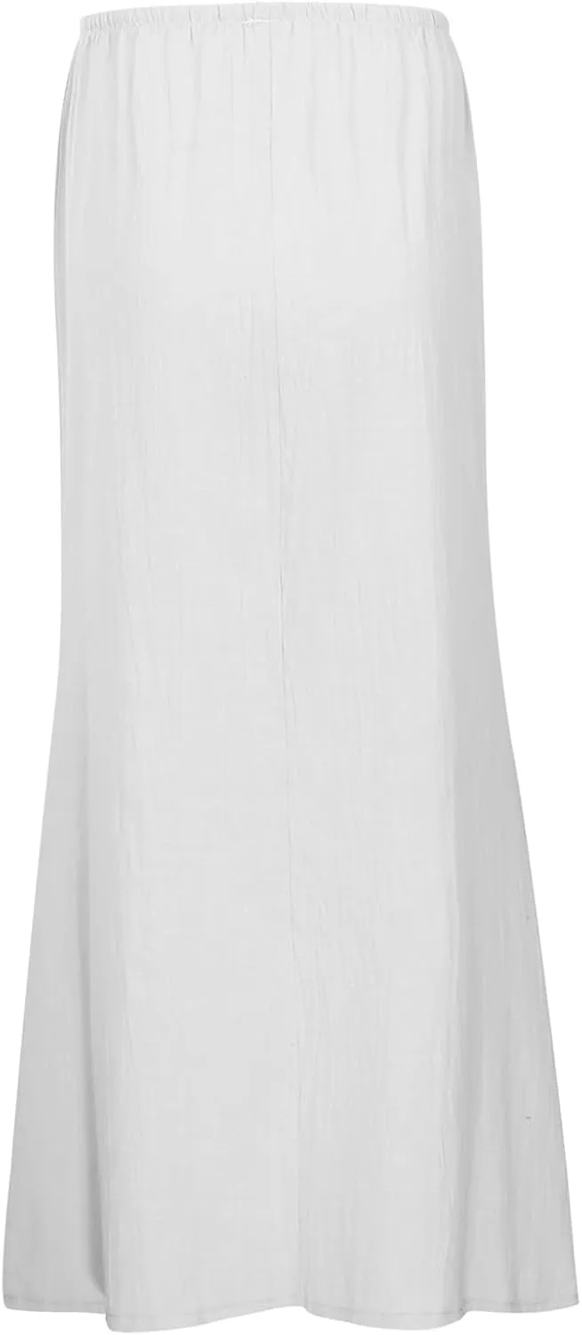 Womens Wrap Around Linen Skirt A-Line Cut Elastic Waistband Ankle-Length Lightweight Summer Skirts for Beach Vacation