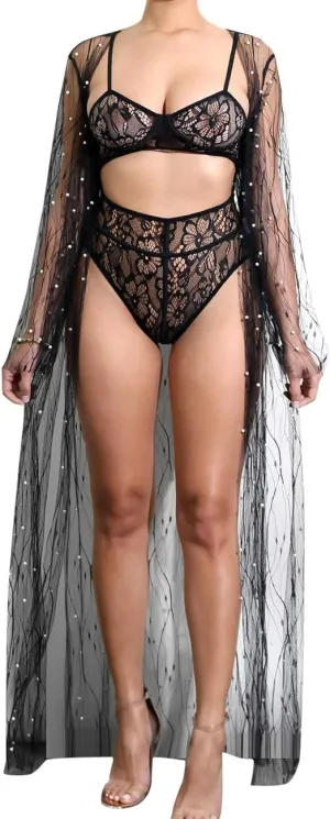 xxxiticat Women's See Through Lingerie with Pearl Black Sexy Robe Kimono Cardigan Exotic Long Sheer Mesh Beach Cover Up