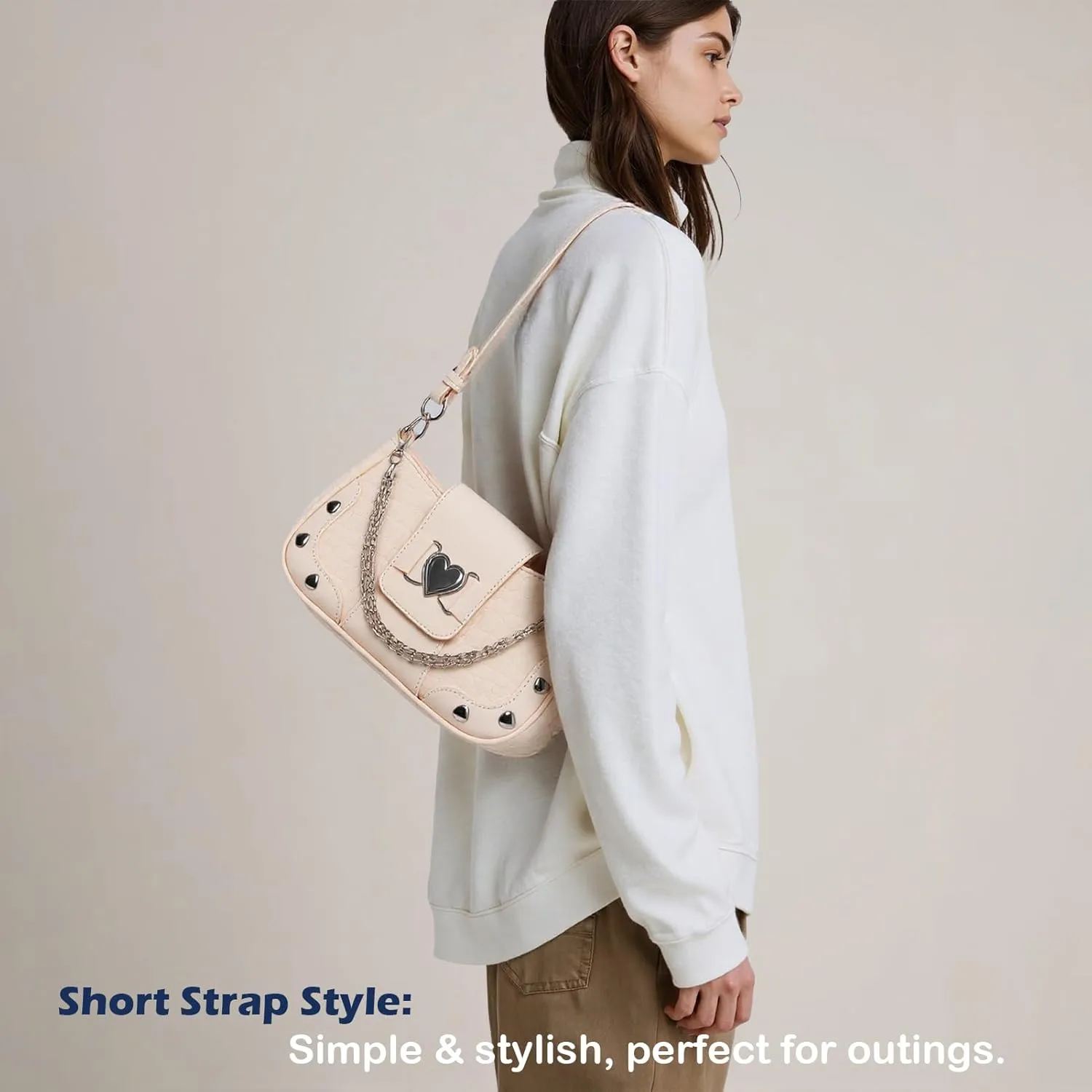 Y2K Shoulder Bag Women's Heart Studded Underarm Bag PU Leather Metal Chain Clutch Purses Small Hobo Bag for Women