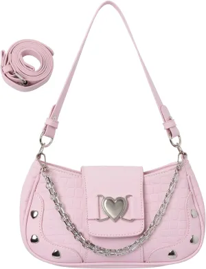 Y2K Shoulder Bag Women's Heart Studded Underarm Bag PU Leather Metal Chain Clutch Purses Small Hobo Bag for Women