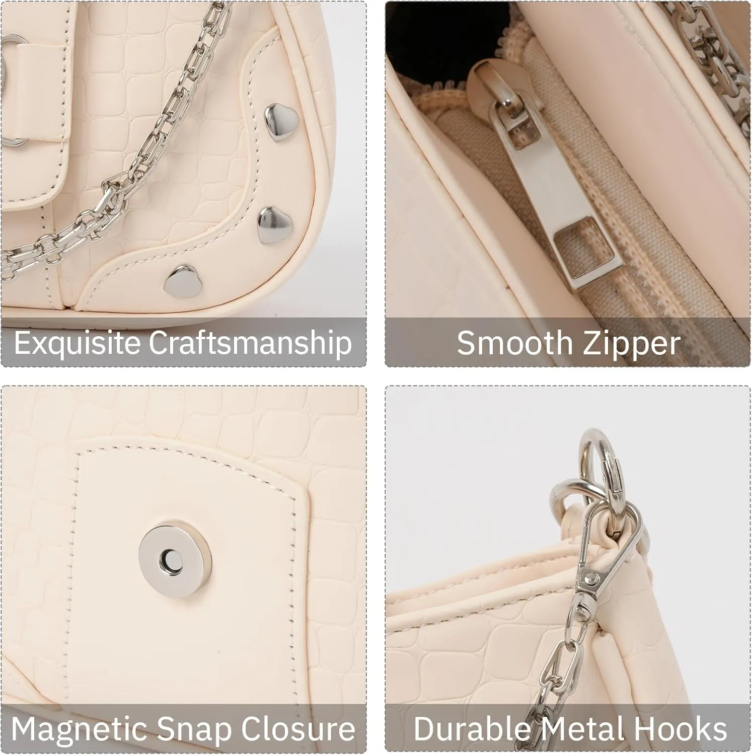 Y2K Shoulder Bag Women's Heart Studded Underarm Bag PU Leather Metal Chain Clutch Purses Small Hobo Bag for Women
