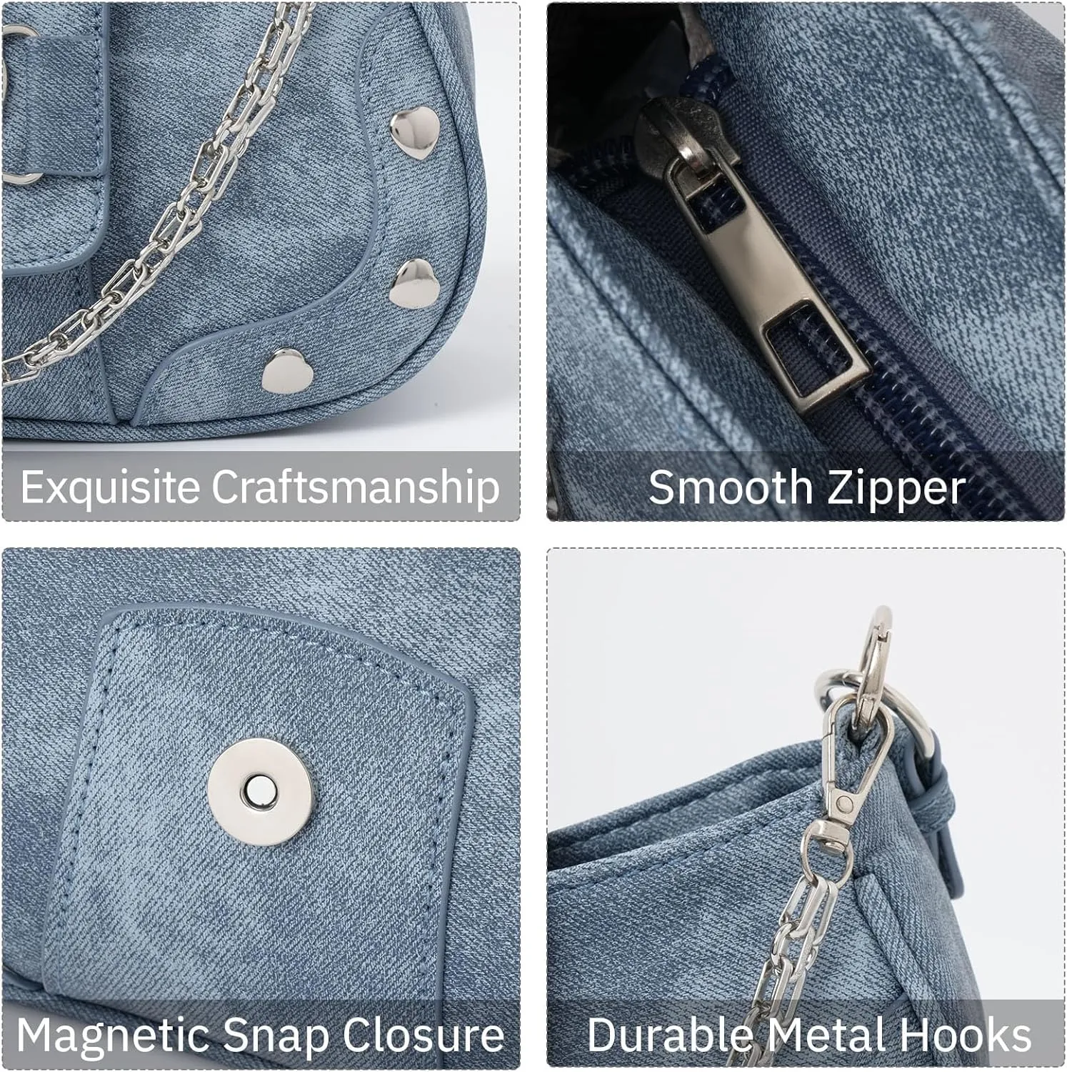 Y2K Shoulder Bag Women's Heart Studded Underarm Bag PU Leather Metal Chain Clutch Purses Small Hobo Bag for Women