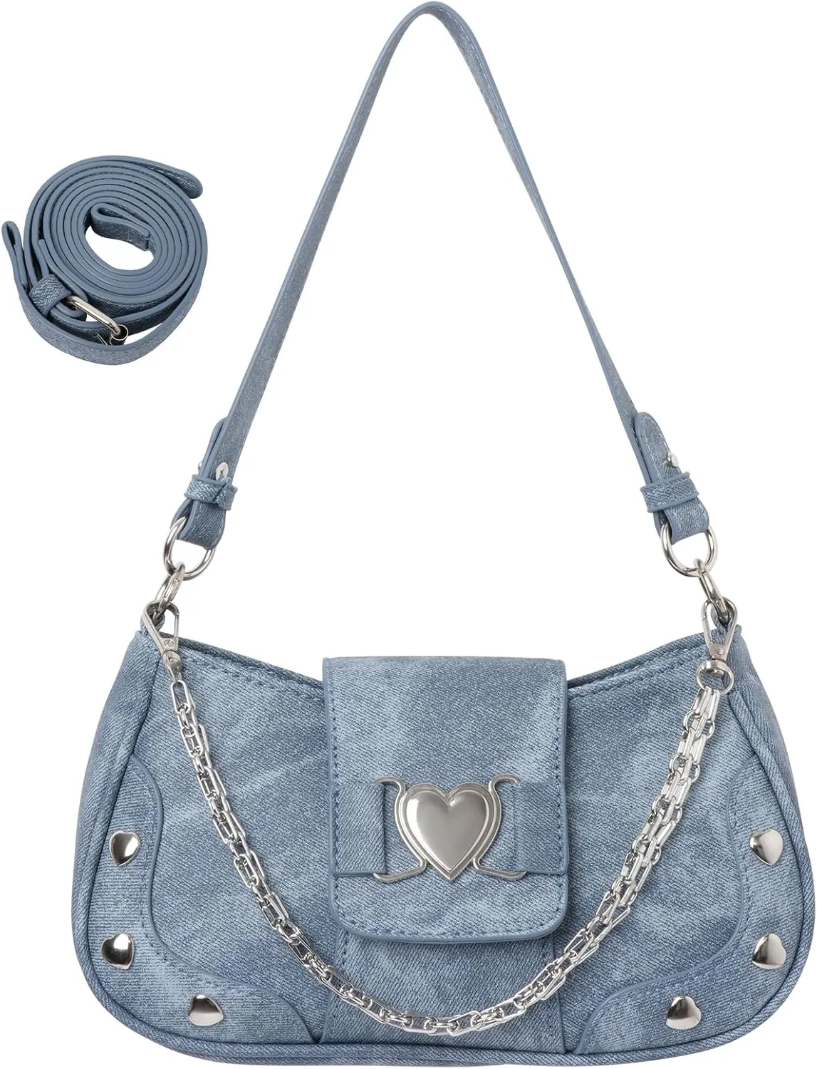Y2K Shoulder Bag Women's Heart Studded Underarm Bag PU Leather Metal Chain Clutch Purses Small Hobo Bag for Women