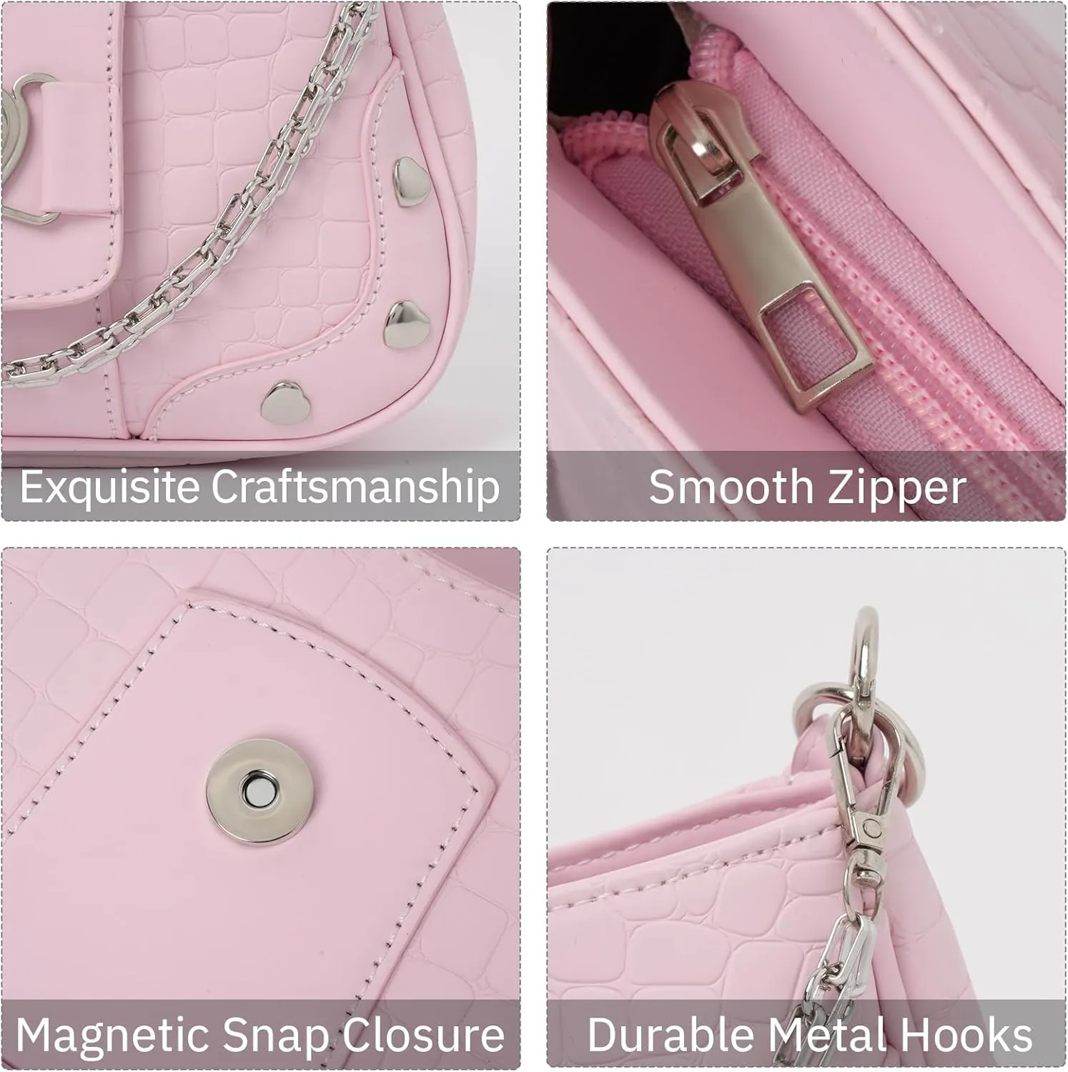 Y2K Shoulder Bag Women's Heart Studded Underarm Bag PU Leather Metal Chain Clutch Purses Small Hobo Bag for Women