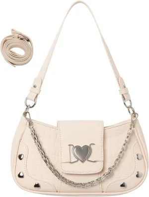 Y2K Shoulder Bag Women's Heart Studded Underarm Bag PU Leather Metal Chain Clutch Purses Small Hobo Bag for Women