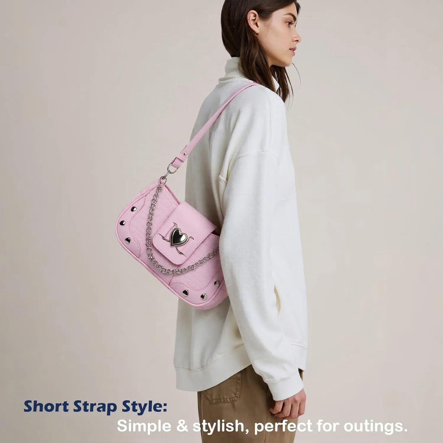 Y2K Shoulder Bag Women's Heart Studded Underarm Bag PU Leather Metal Chain Clutch Purses Small Hobo Bag for Women