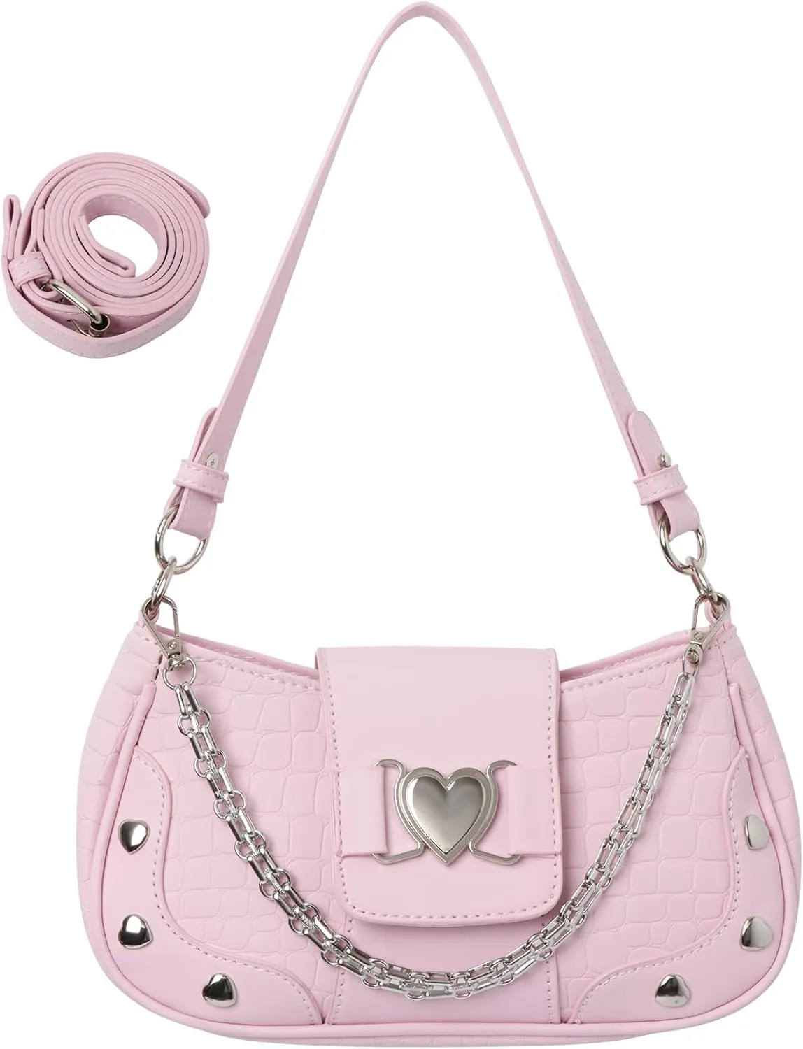 Y2K Shoulder Bag Women's Heart Studded Underarm Bag PU Leather Metal Chain Clutch Purses Small Hobo Bag for Women