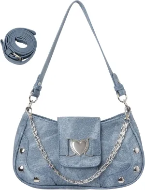Y2K Shoulder Bag Women's Heart Studded Underarm Bag PU Leather Metal Chain Clutch Purses Small Hobo Bag for Women