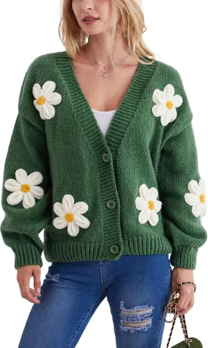 Y2k Sweater Cardigan for Women, Long Sleeve V-Neck Button Crochet Flower Knit Womens Clothes.