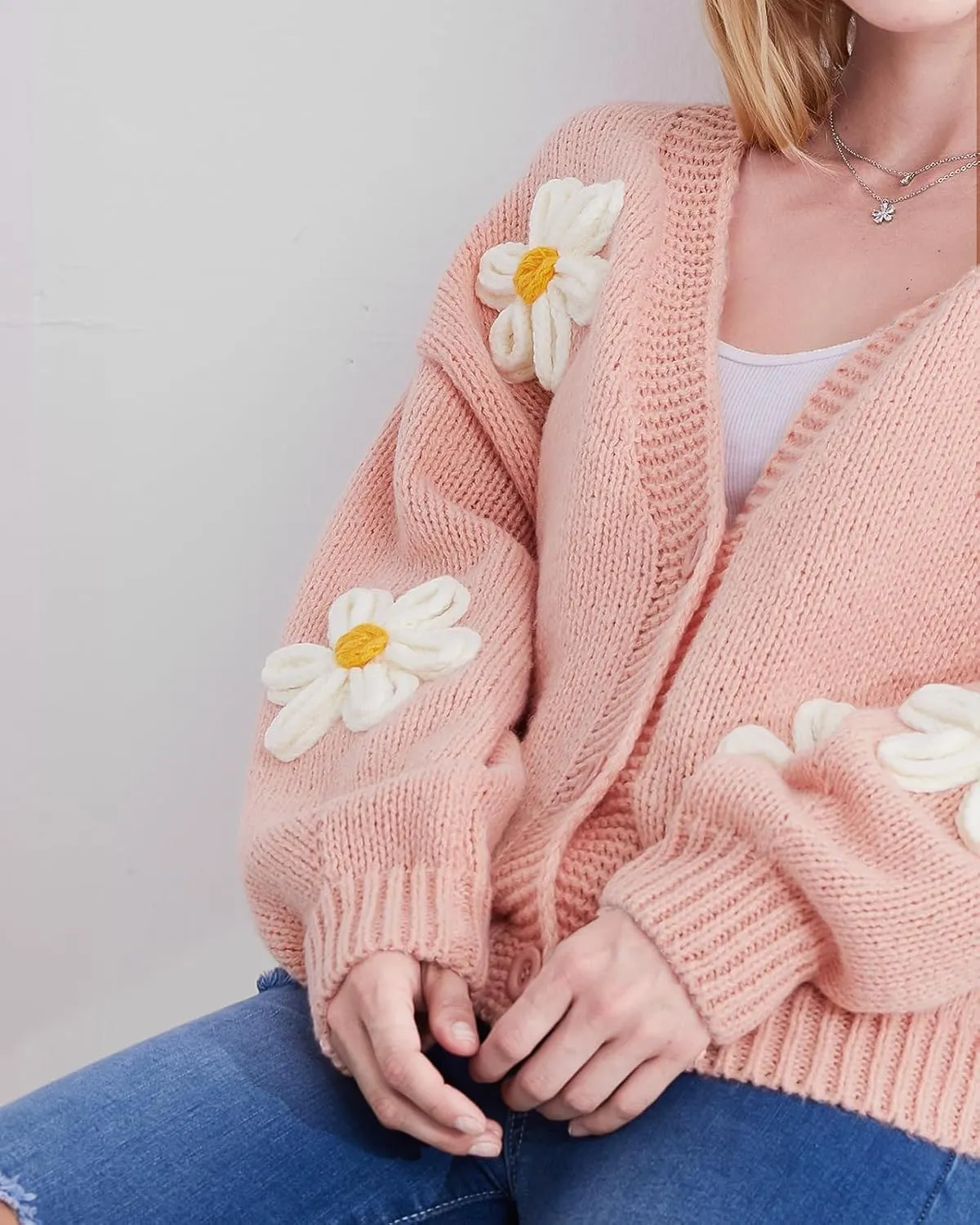 Y2k Sweater Cardigan for Women, Long Sleeve V-Neck Button Crochet Flower Knit Womens Clothes.