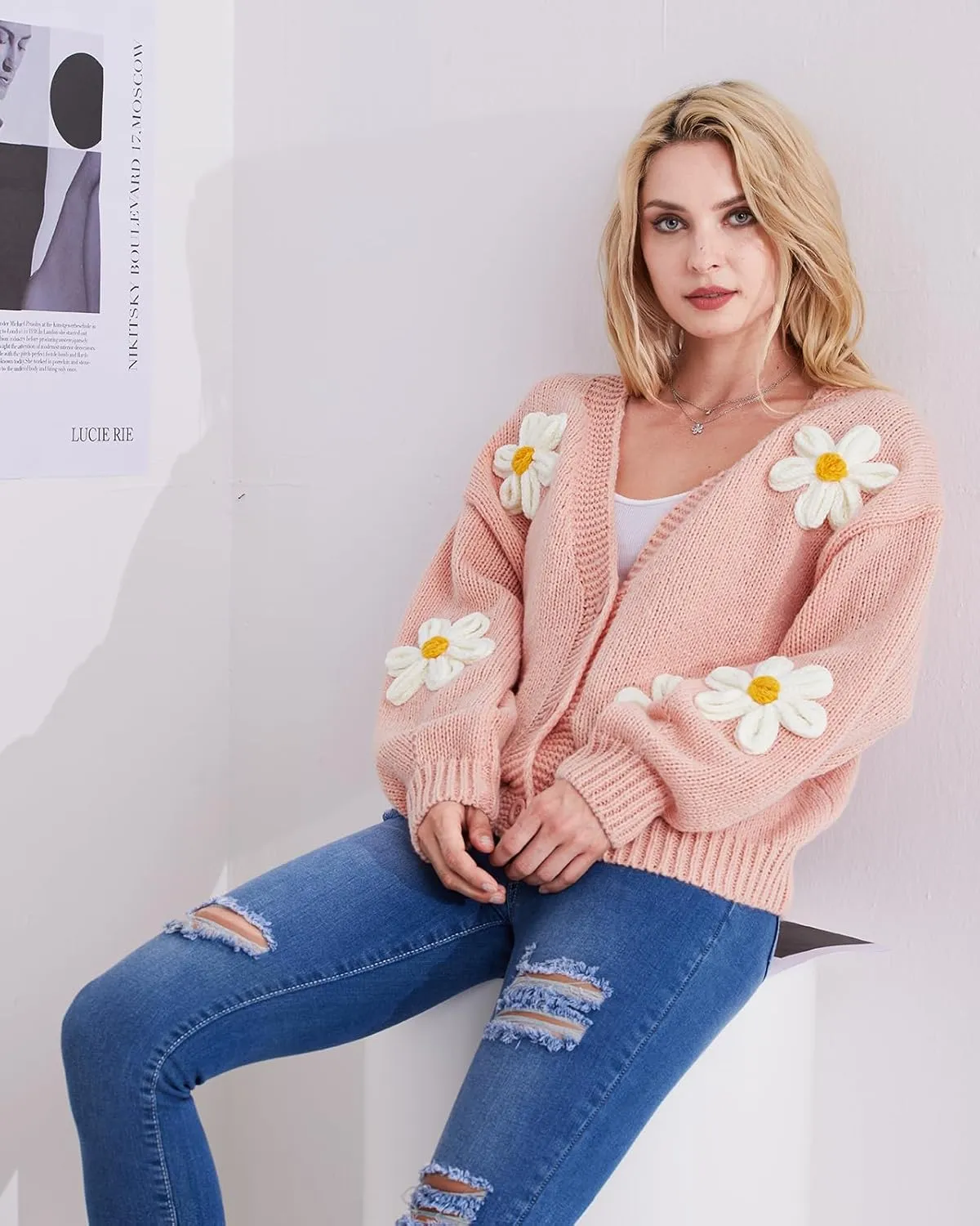 Y2k Sweater Cardigan for Women, Long Sleeve V-Neck Button Crochet Flower Knit Womens Clothes.