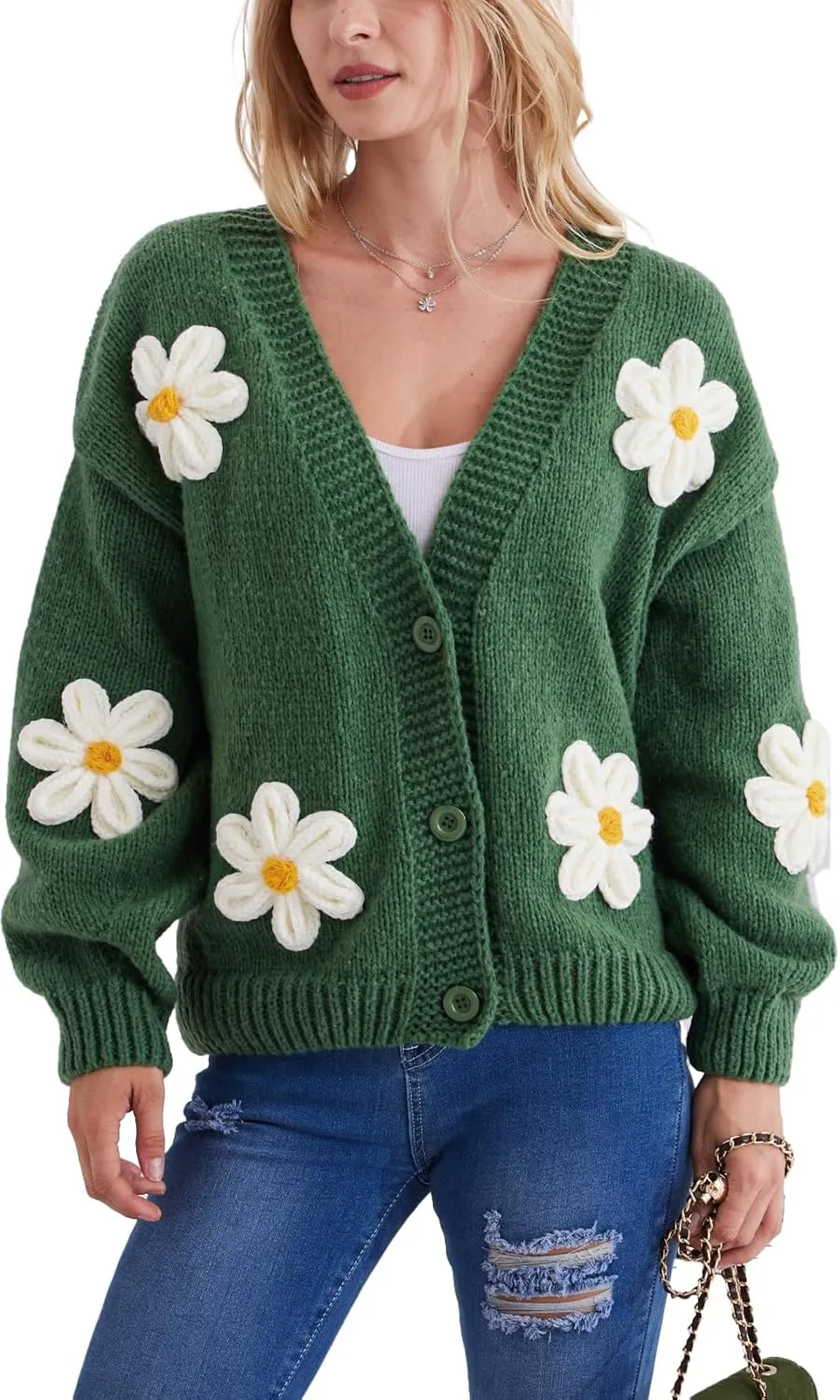 Y2k Sweater Cardigan for Women, Long Sleeve V-Neck Button Crochet Flower Knit Womens Clothes.