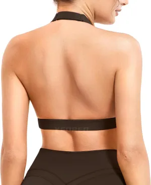YEOREO Roxanie Women Halter Sports Bra Scoop Neck Removable Padded Open Back Yoga Workout Crop Tank Top