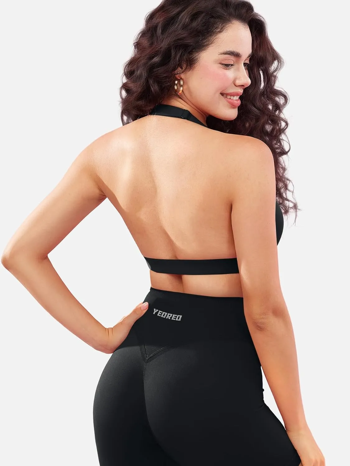 YEOREO Roxanie Women Halter Sports Bra Scoop Neck Removable Padded Open Back Yoga Workout Crop Tank Top