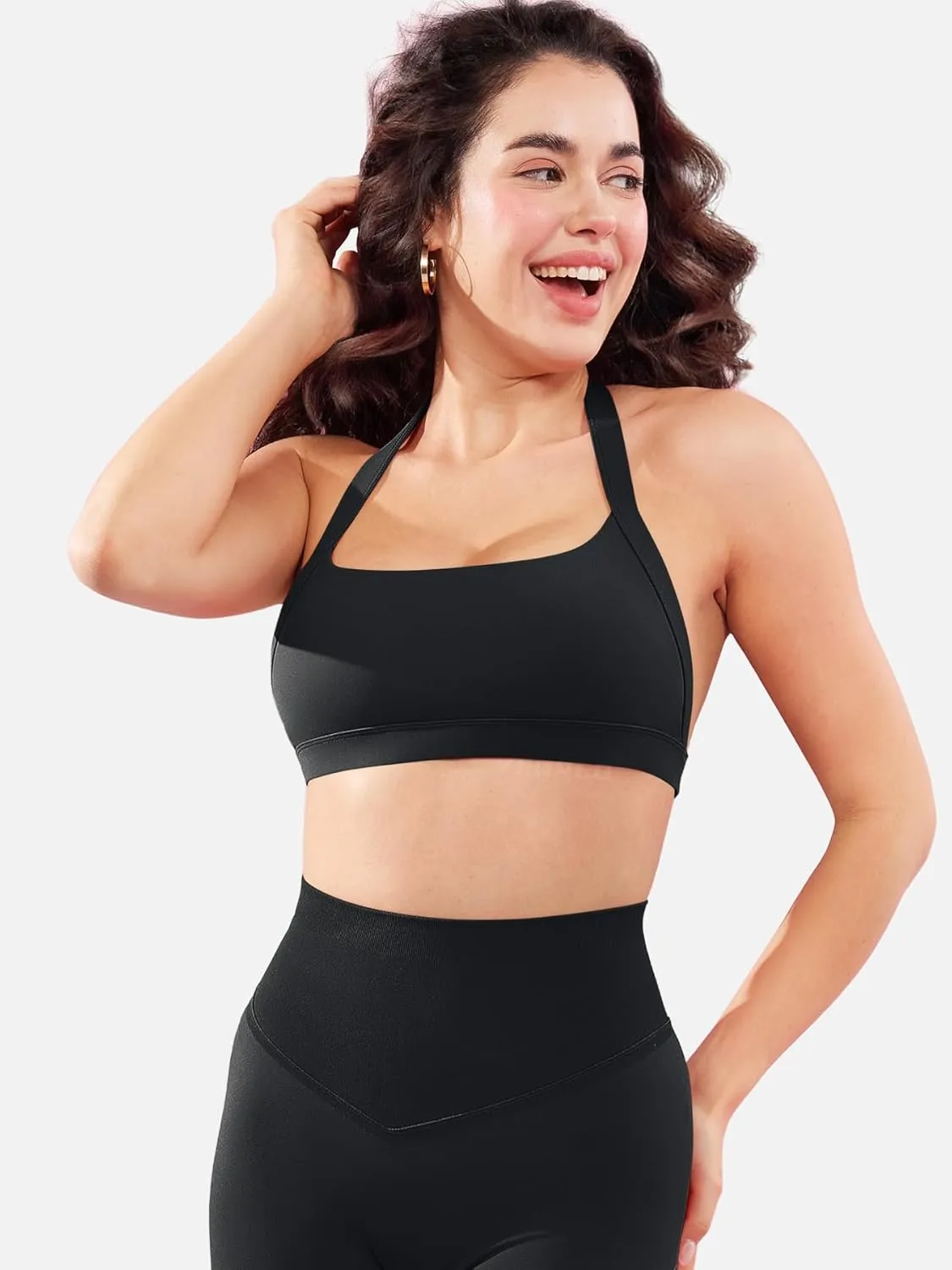 YEOREO Roxanie Women Halter Sports Bra Scoop Neck Removable Padded Open Back Yoga Workout Crop Tank Top