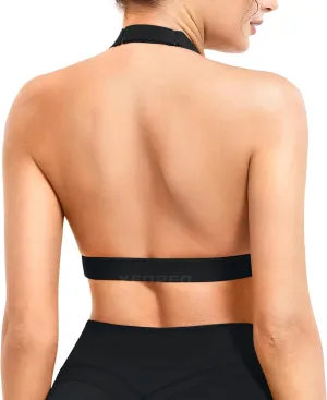 YEOREO Roxanie Women Halter Sports Bra Scoop Neck Removable Padded Open Back Yoga Workout Crop Tank Top